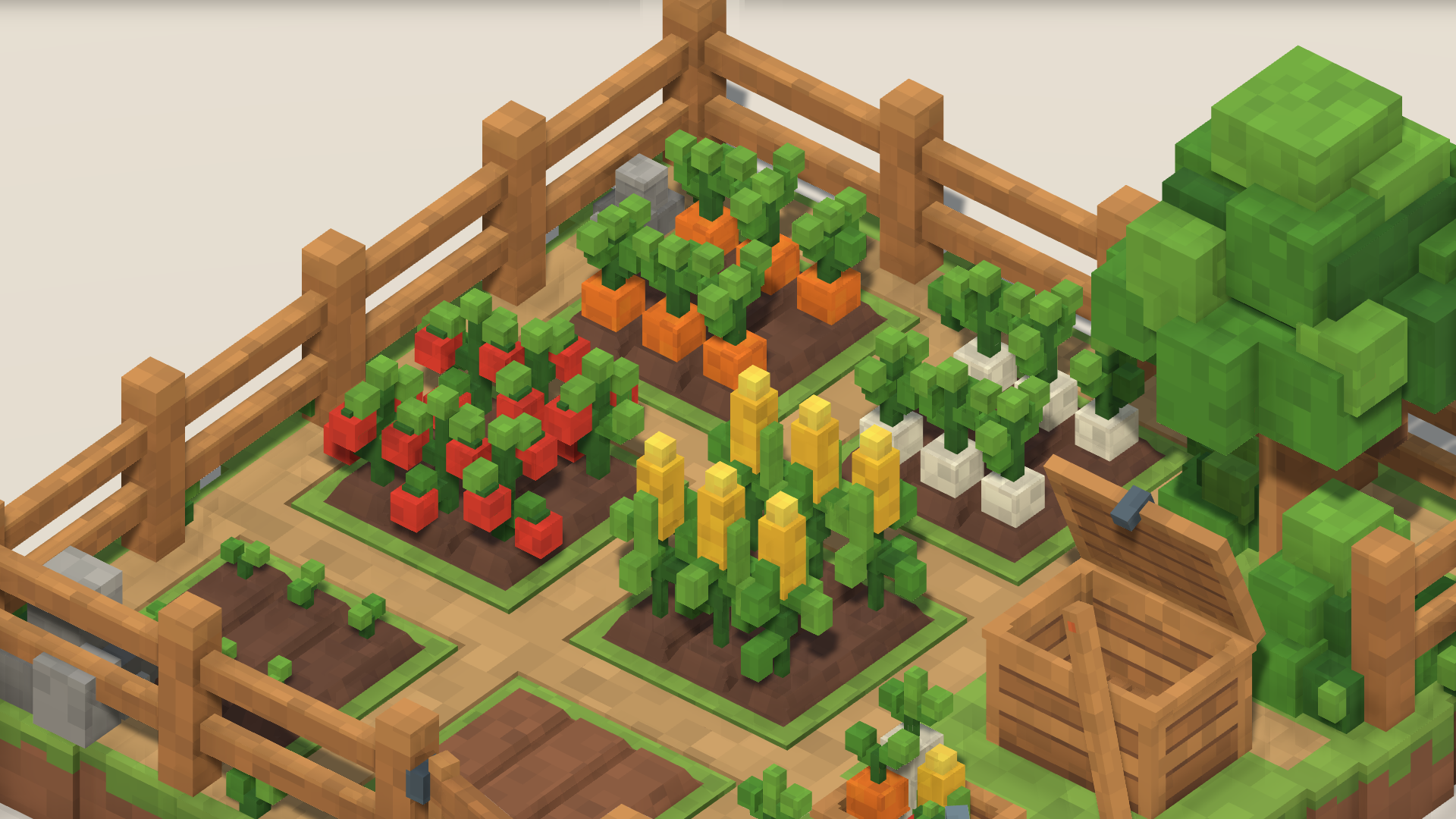 Close-up of ripe voxel tomatoes, corn, carrots and daikon in tilled farm plots.