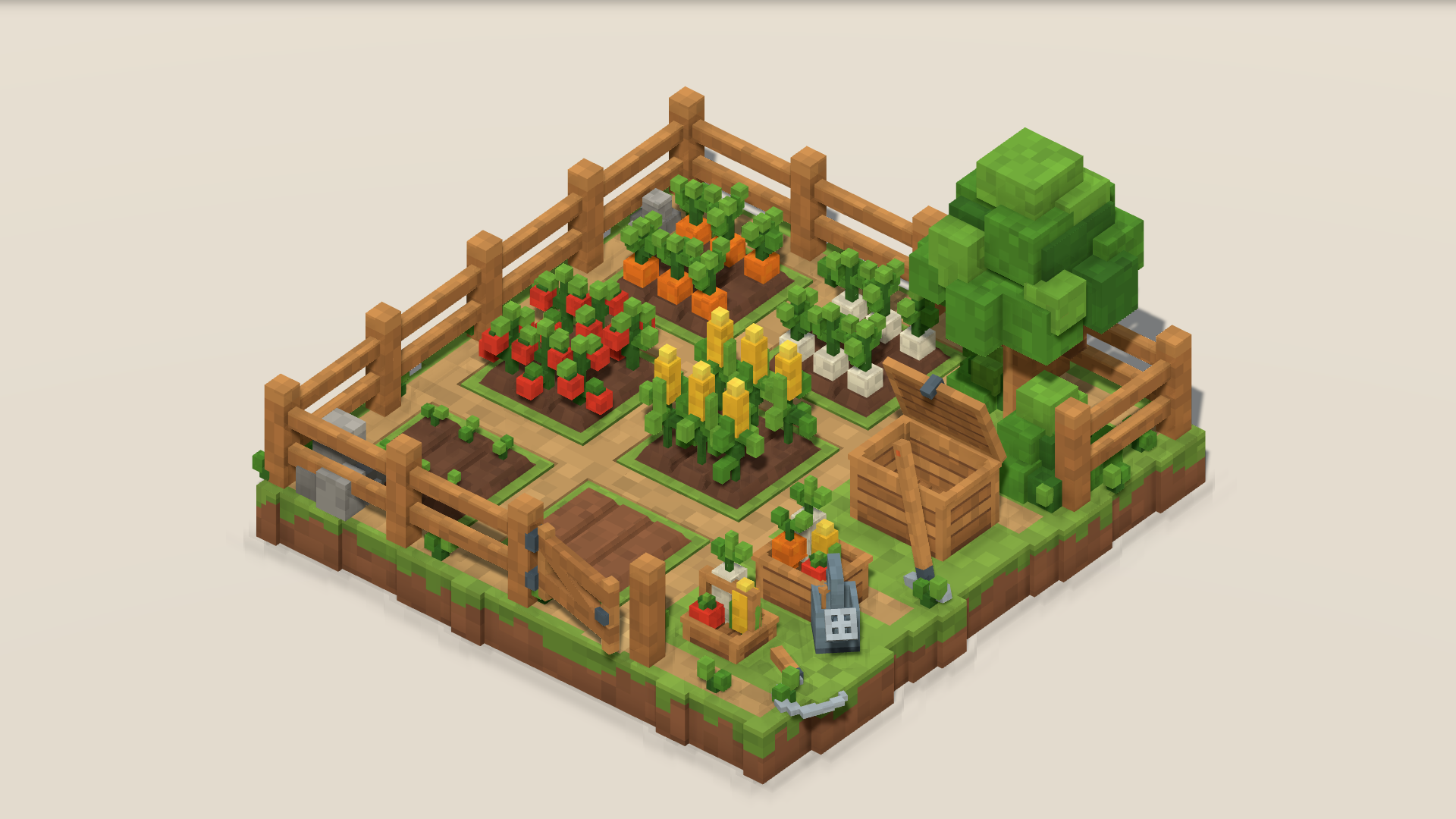 Isometric voxel farm with carrot, daikon, corn and tomato plots, wooden fencing, a tree, tools and harvest containers.