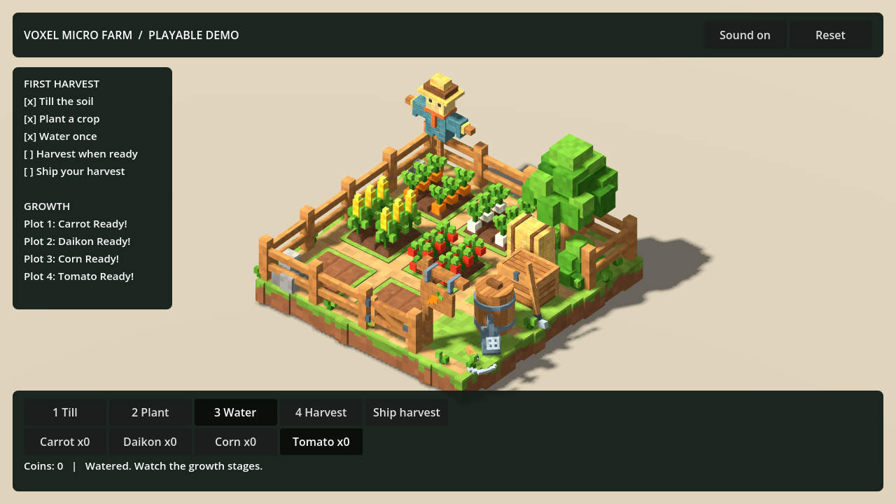 Godot 1.1.0 playable farm demo with growth feedback and farming controls.