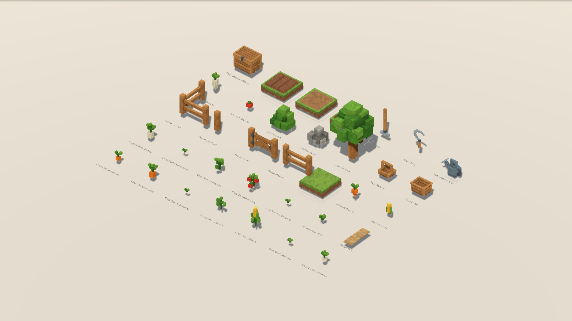 Complete voxel asset overview with crop stages, terrain tiles, fence modules, nature props, tools and containers.