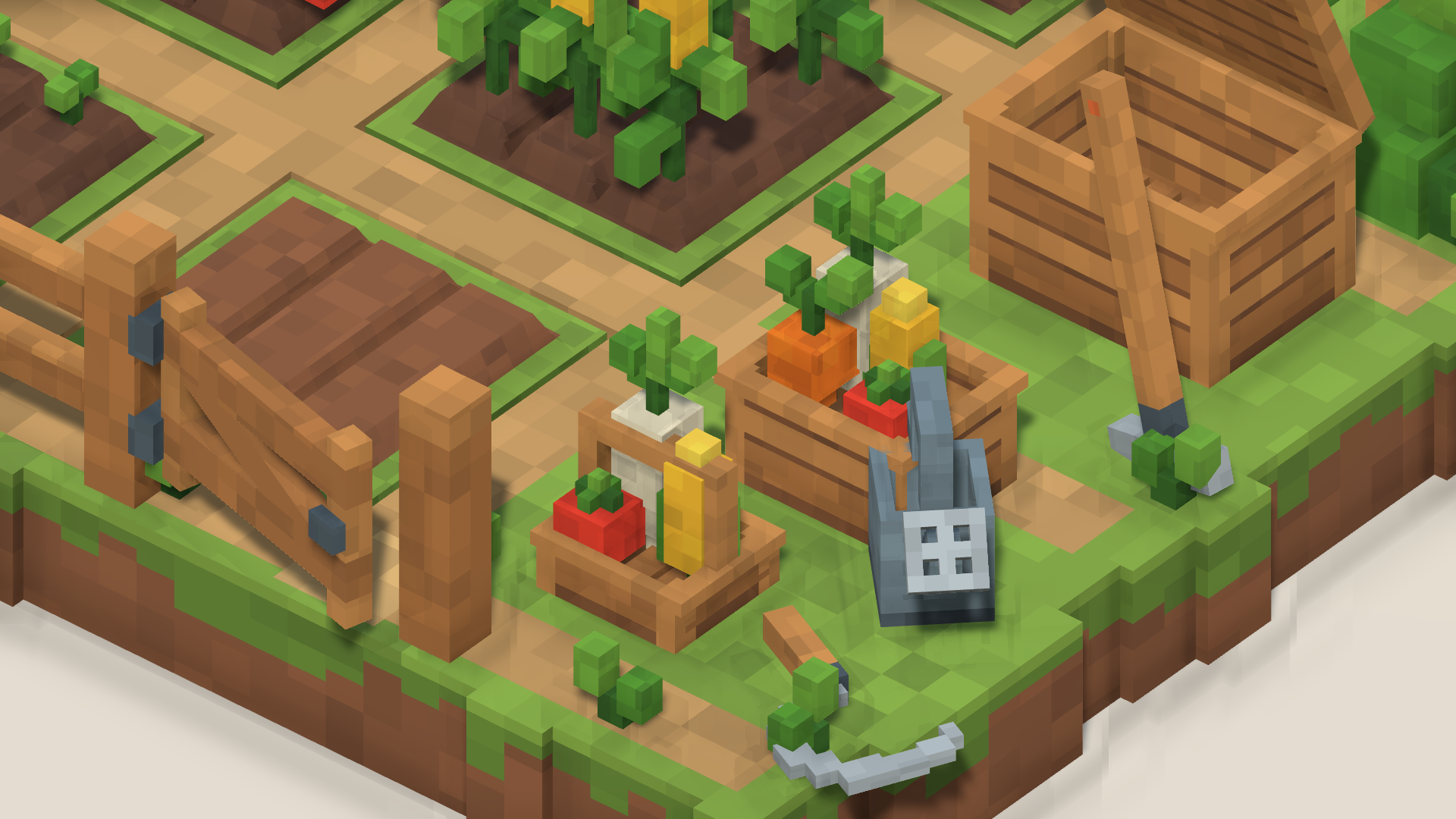 Close-up of a voxel harvest basket, watering can, sickle, shipping chest, wooden crate and fence gate.