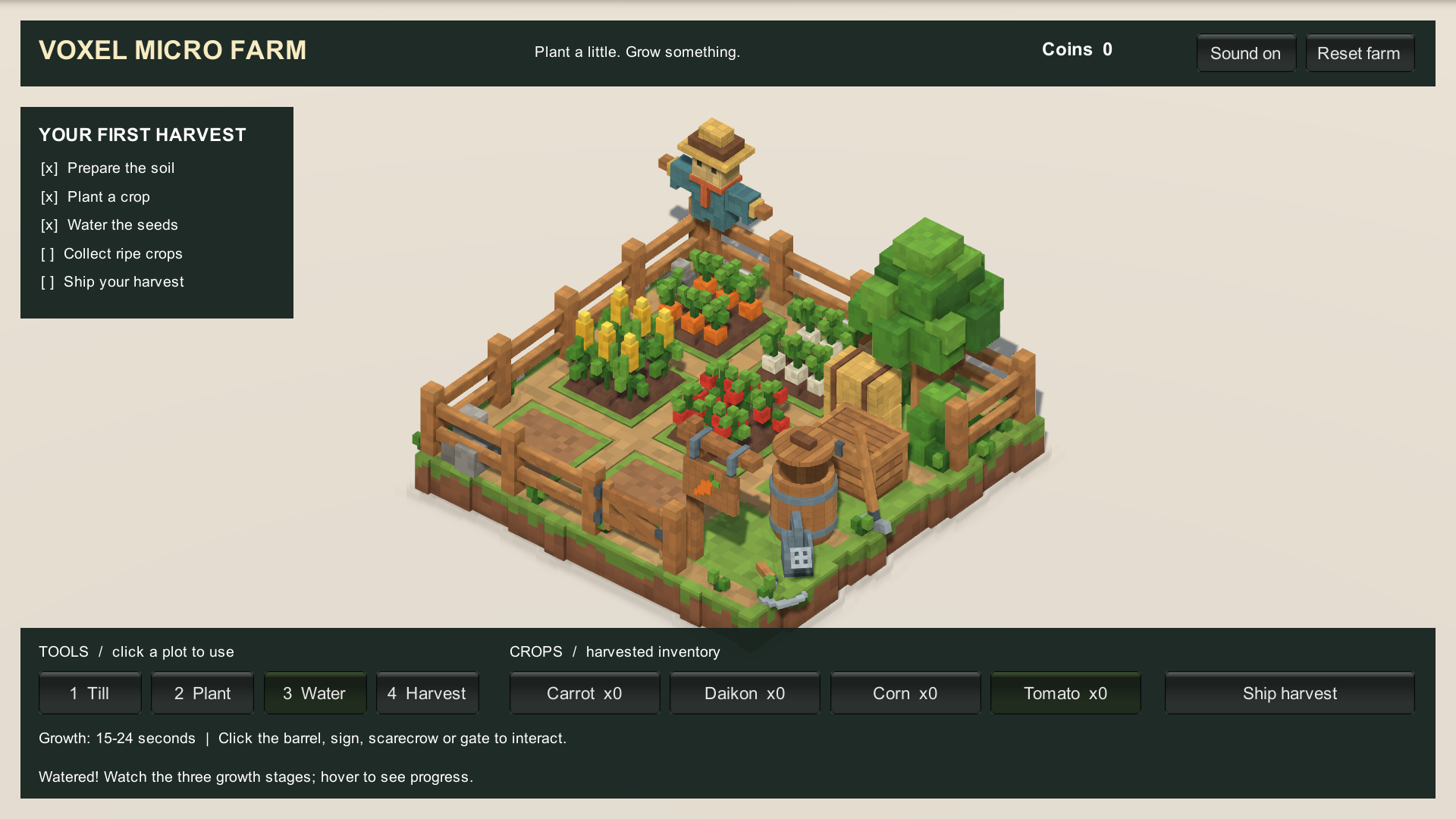 Unity 1.1.0 playable farm demo with first-harvest guide, new props, crop inventory and tool controls.
